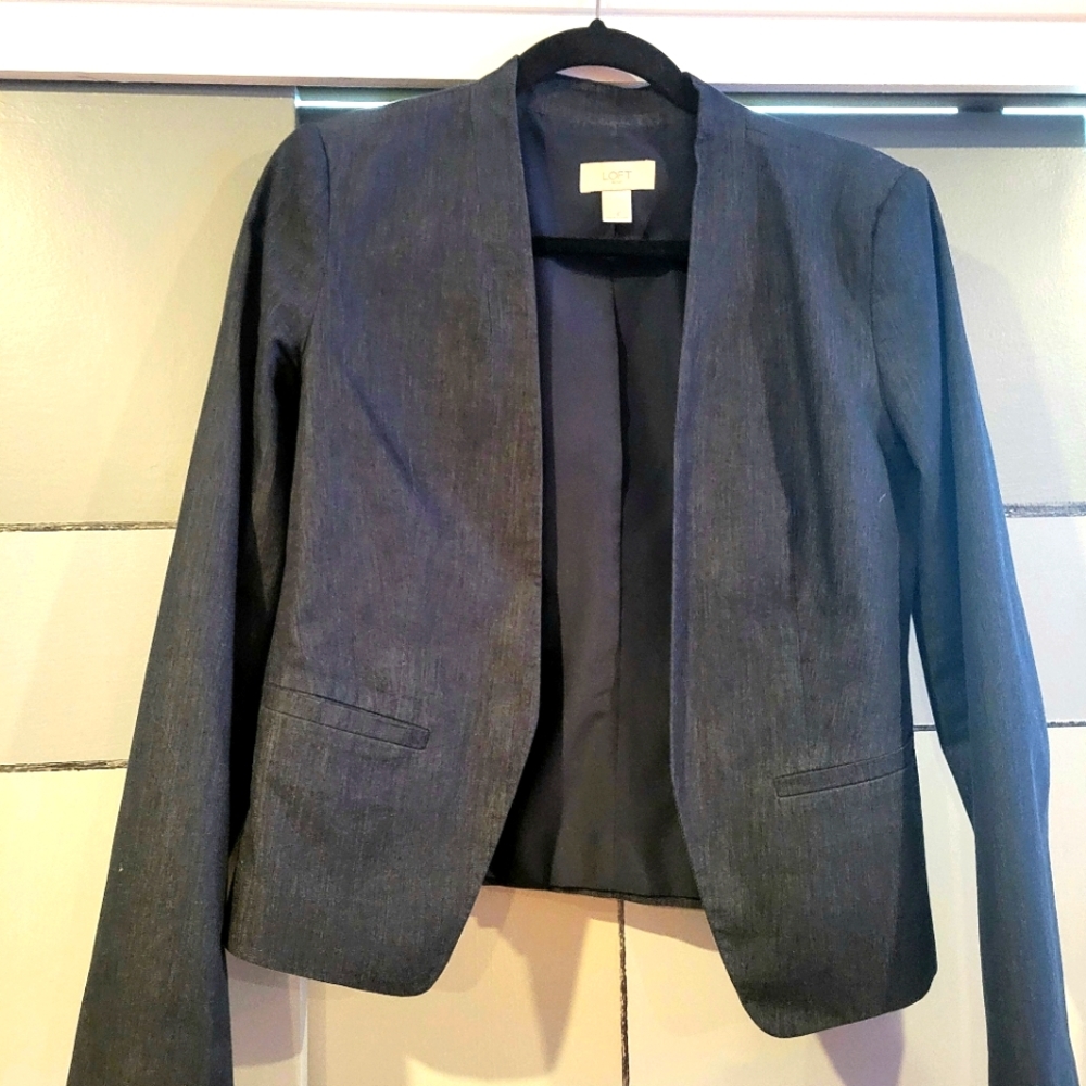 Loft Dark Navy Chambray Collarless Blazer-Size 4